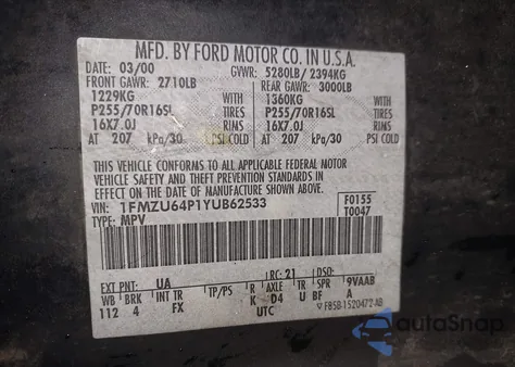 2000 Ford Explorer Eddie Bauer z USA, uszkodzony, nr VIN 1FMZU64P1YUB62533